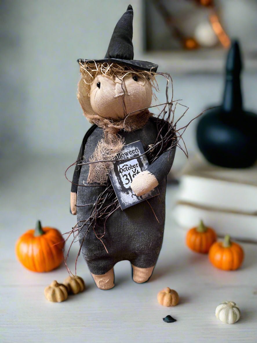 Primitive Handcrafted Halloween Oct 31 Witch Shelf Sitter Doll 13&quot; - The Primitive Pineapple Collection