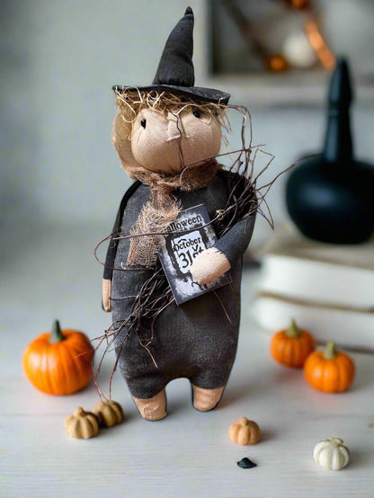 Primitive Handcrafted Halloween Oct 31 Witch Shelf Sitter Doll 13&quot; - The Primitive Pineapple Collection