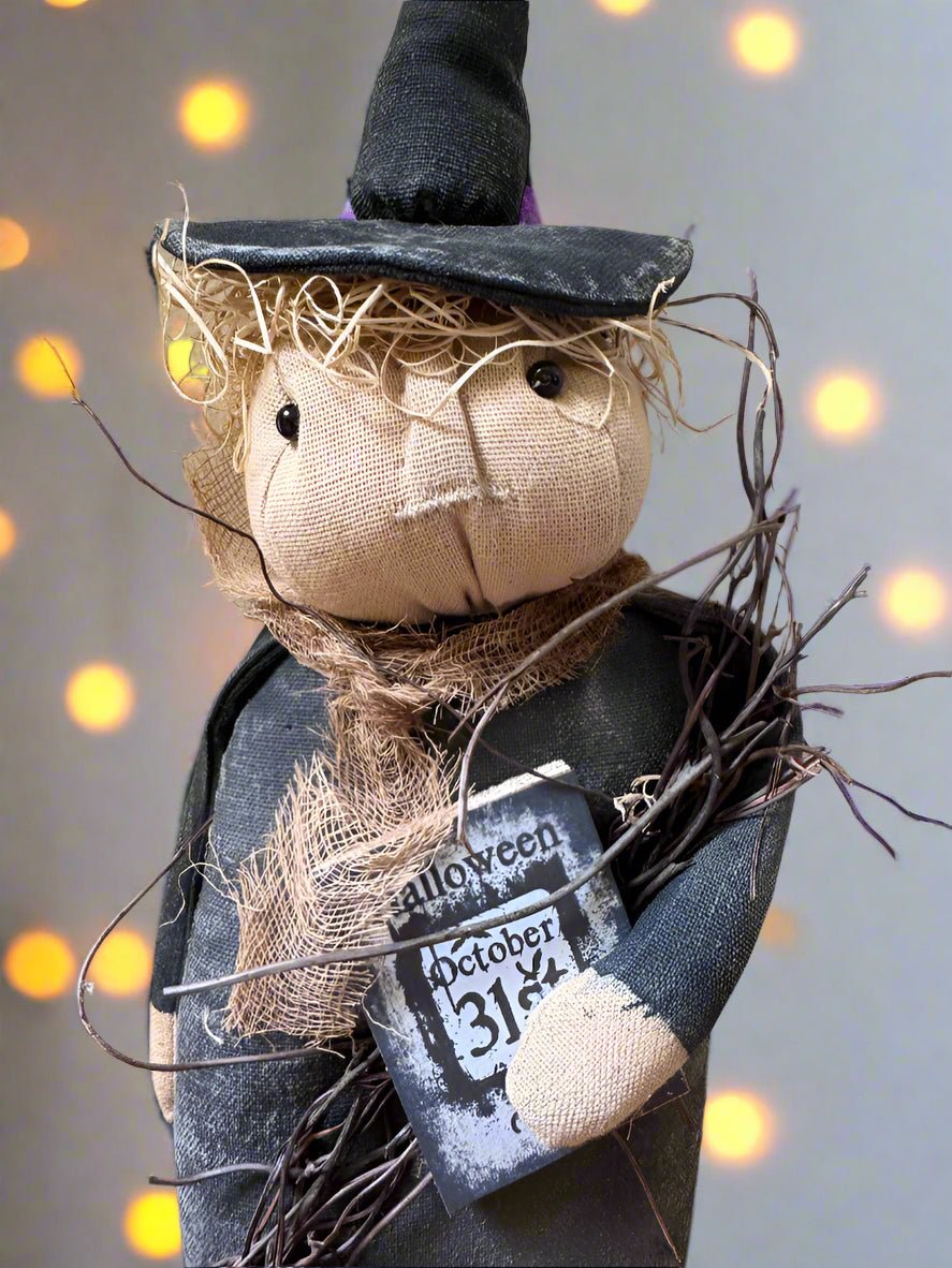 Primitive Handcrafted Halloween Oct 31 Witch Shelf Sitter Doll 13&quot; - The Primitive Pineapple Collection