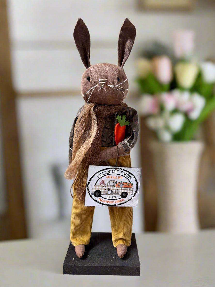 Primitive Folk Art USA Spring/Easter Bunny w/ Cottontail Farms Sign 18" - The Primitive Pineapple Collection