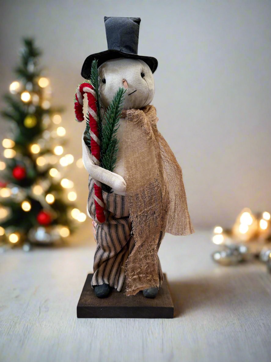 Primitive Folk Art Christmas Pot Belly Snowman on Stand with Candy Cane 17&quot;