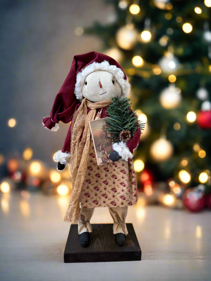 Primitive Handcrafted Christmas Santa Hat Snowlady on Stand 16&quot;