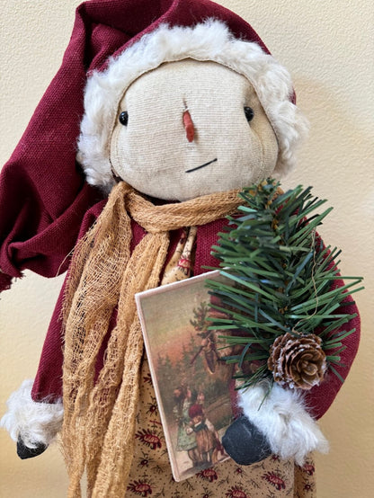 Primitive Handcrafted Christmas Santa Hat Snowlady on Stand 16&quot;