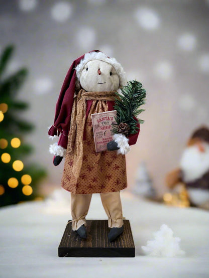 Primitive Handcrafted Christmas Santa Hat Snowlady on Stand 16&quot;