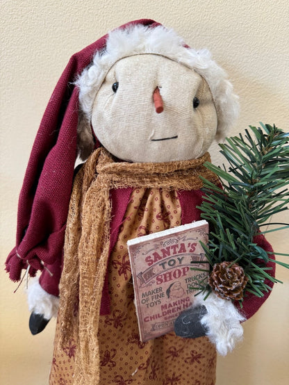 Primitive Handcrafted Christmas Santa Hat Snowlady on Stand 16&quot;