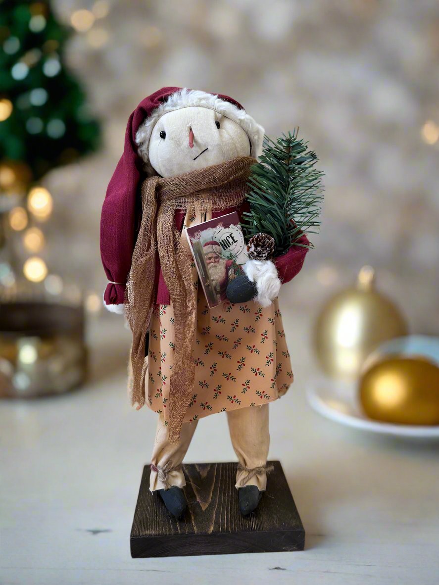 Primitive Handcrafted Christmas Santa Hat Snowlady on Stand 16&quot;