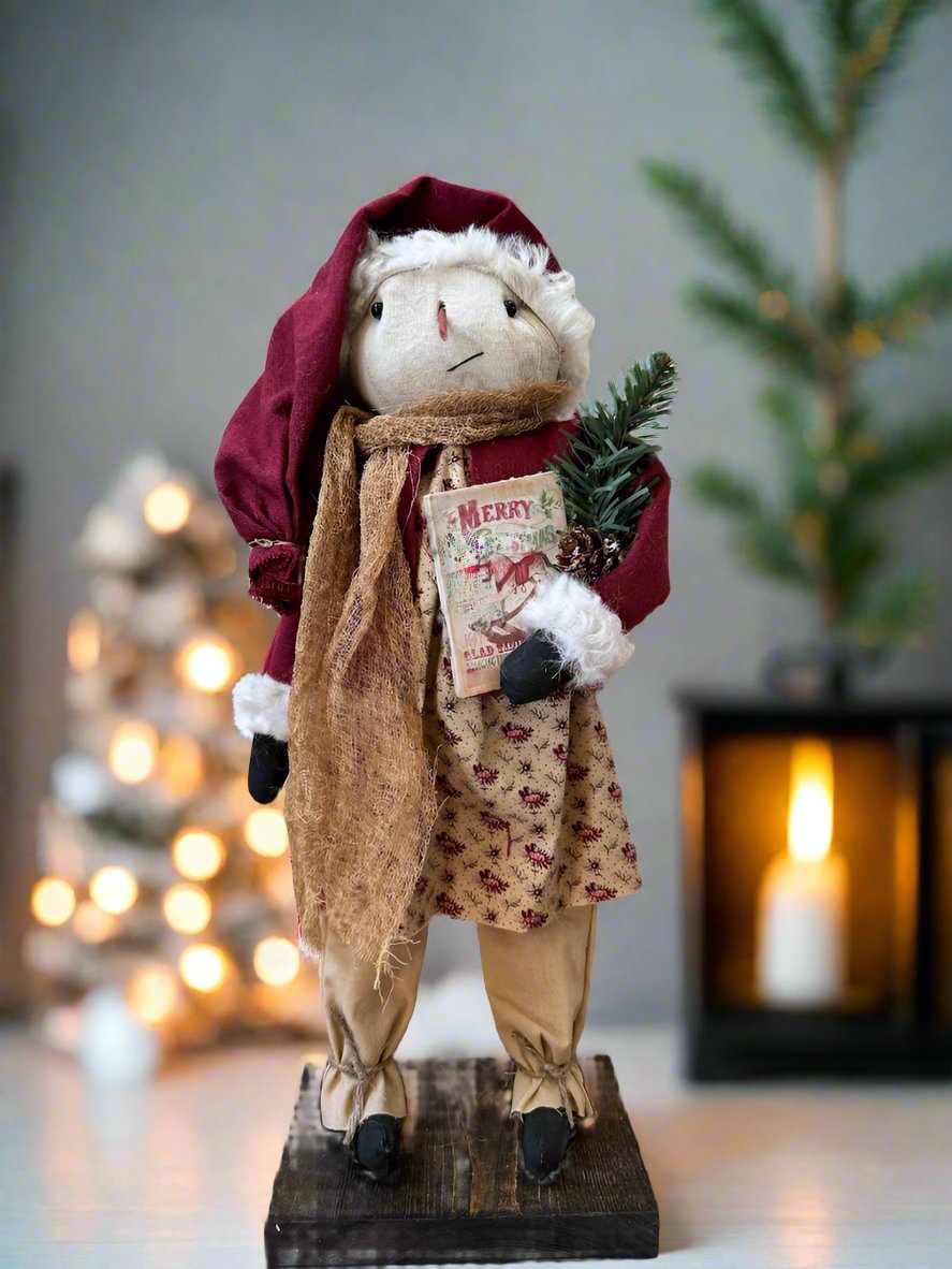 Primitive Handcrafted Christmas Santa Hat Snowlady on Stand 16&quot;