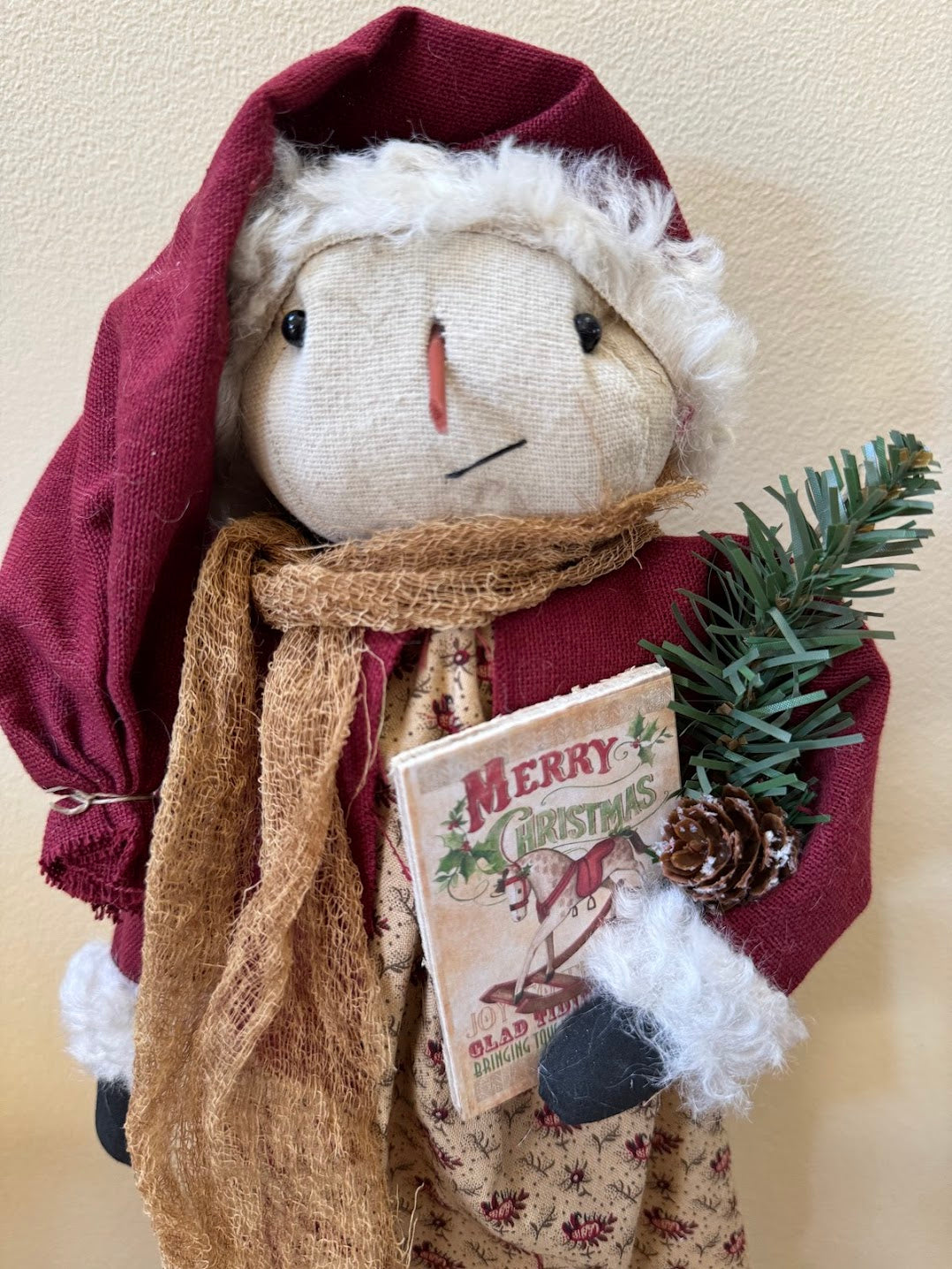 Primitive Handcrafted Christmas Santa Hat Snowlady on Stand 16&quot;