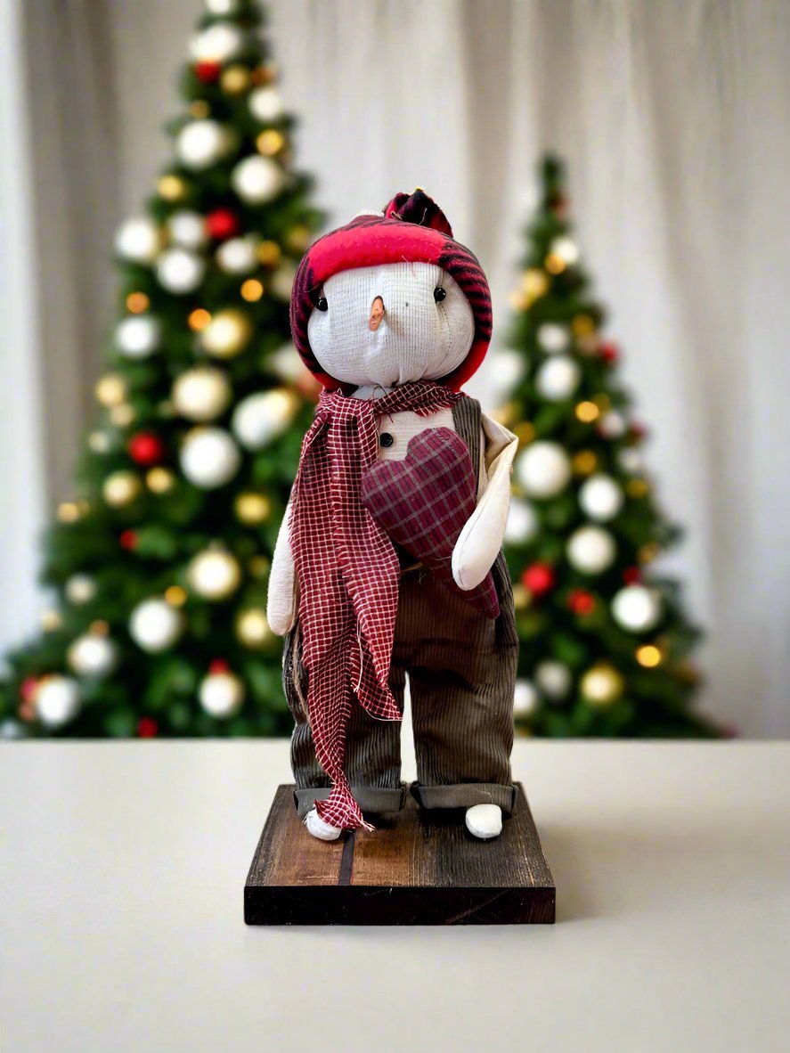 Primitive Handcrafted Christmas Snowman w/ Red Heart on Stand 13" - The Primitive Pineapple Collection