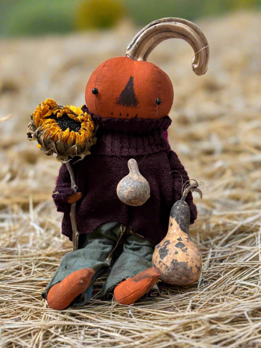 Primitive Handcrafted Pumpkin Doll Otis w/ Dried Gourds 12&quot;
