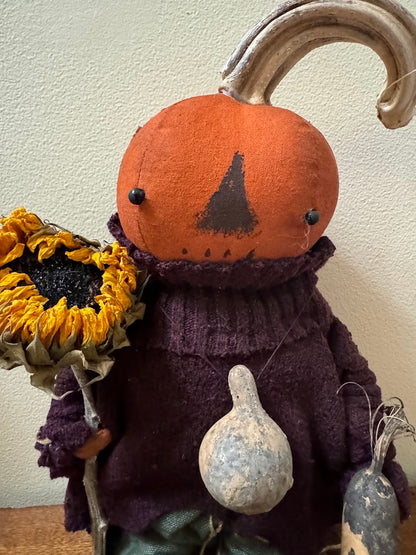 Primitive Handcrafted Pumpkin Doll Otis w/ Dried Gourds 12&quot;