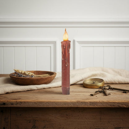 Primitive/Country Burgundy 7" Battery Operated Flameless Taper Candle W/ Timer - The Primitive Pineapple Collection