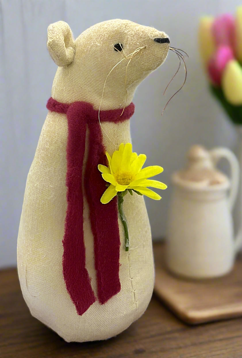 Primitive Handcrafted Spring Easter Mouse with Flower 6.5&quot;