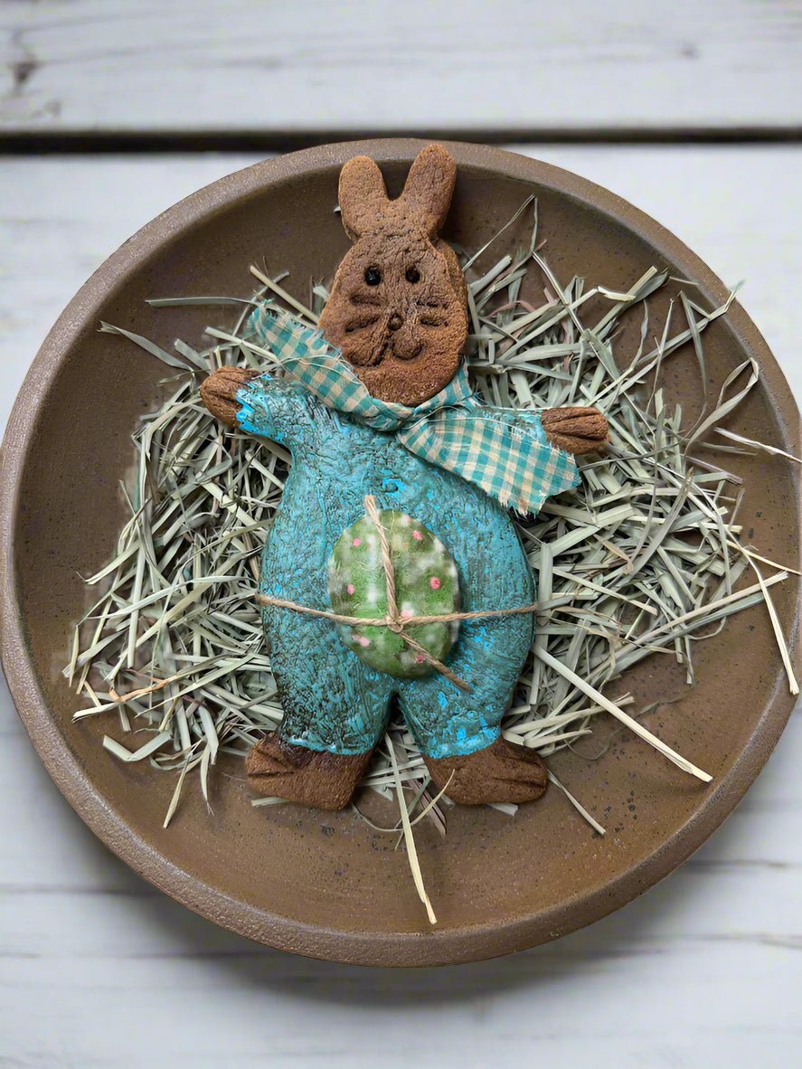 Primitive Farmhouse Handcrafted Faux 10" Easter Bunny w/ Green Egg Cookie - The Primitive Pineapple Collection