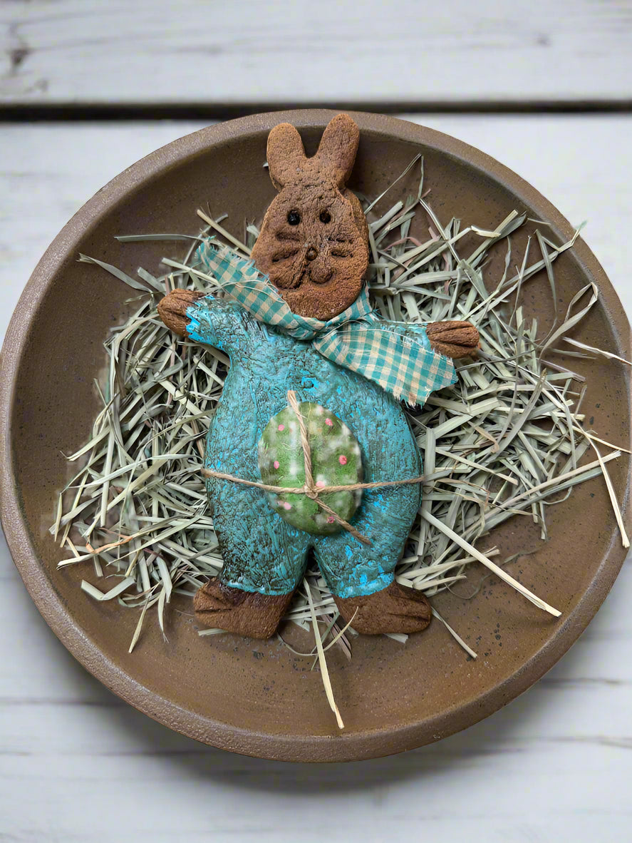 Primitive Farmhouse Handcrafted Faux 10&quot; Easter Bunny w/ Green Egg Cookie