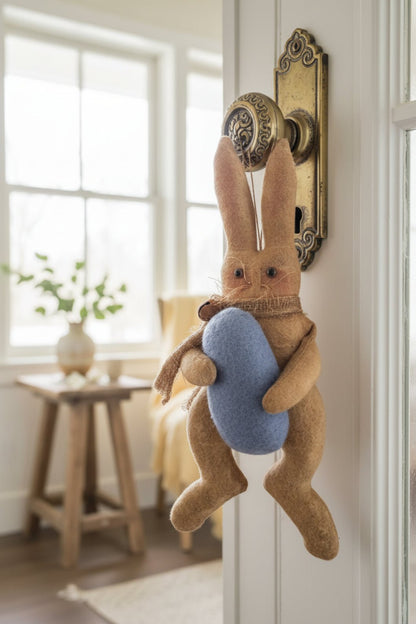 Primitive Handcrafted Hanging Spring Hopper Easter Bunny with Egg - The Primitive Pineapple Collection