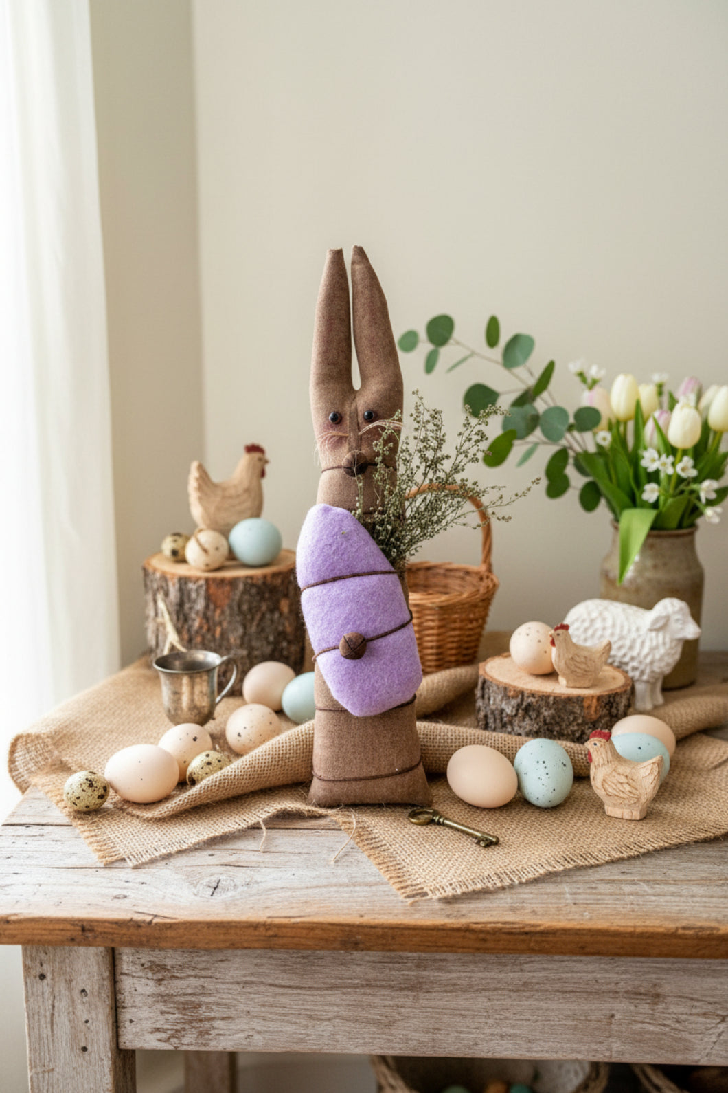 Primitive Handcrafted Spring Skinny Stump Easter Bunny with Egg