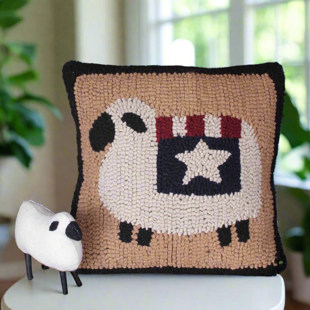 Primitive/Country Folk art Hooked 14” Liberty Sheep Hooked Pillow - The Primitive Pineapple Collection