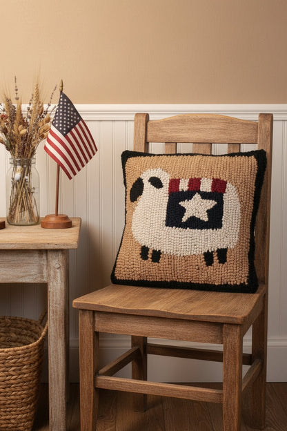 Primitive/Country Folk art Hooked 14” Liberty Sheep Hooked Pillow - The Primitive Pineapple Collection
