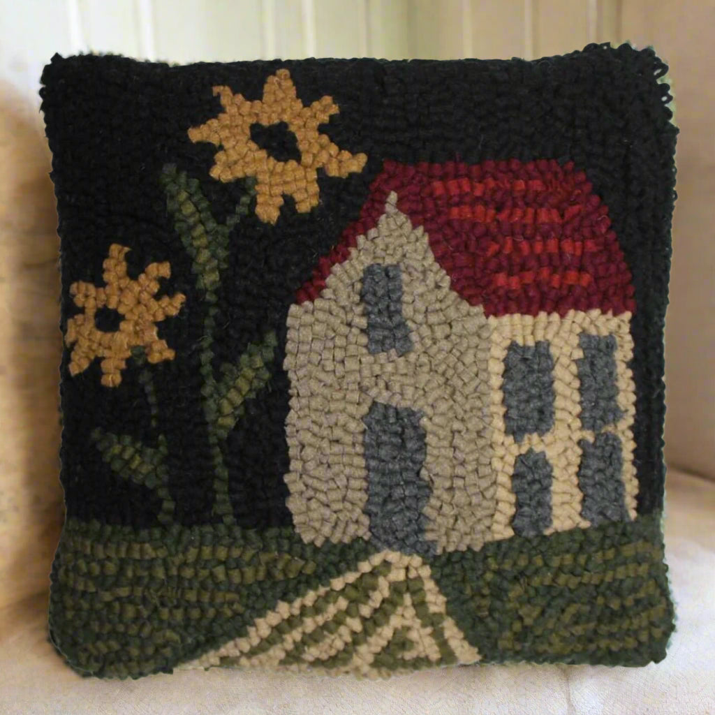Primitive/Country Folk art Hooked Saltbox Home w/ Flowers Pillow 14" x 14" - The Primitive Pineapple Collection