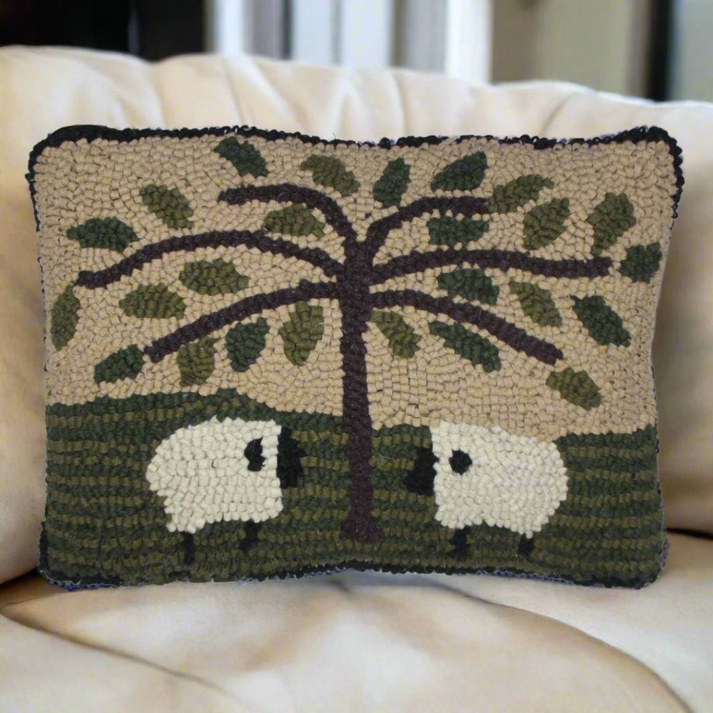 Primitive/Country Folk Art Hooked Serenity Sheep and Willow Pillow 14x20" - The Primitive Pineapple Collection