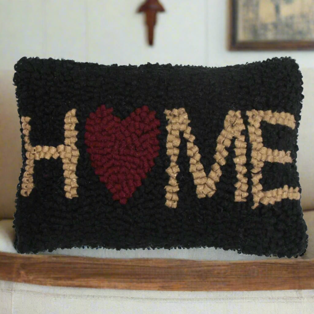 Primitive/Country Folk art Hooked Home with Heart Hooked 8" x 12" Pillow - The Primitive Pineapple Collection