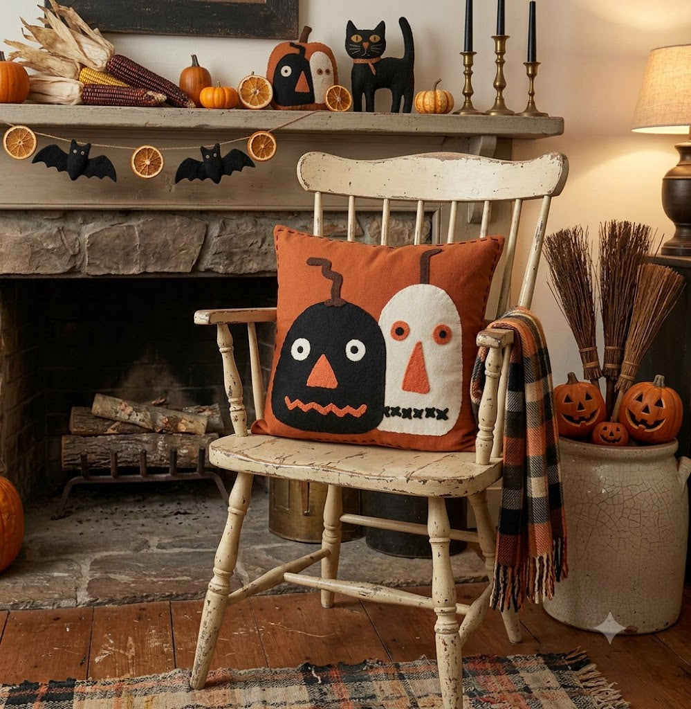 Fall Folk Art Pumpkin Pals Pillow 14" x 14"