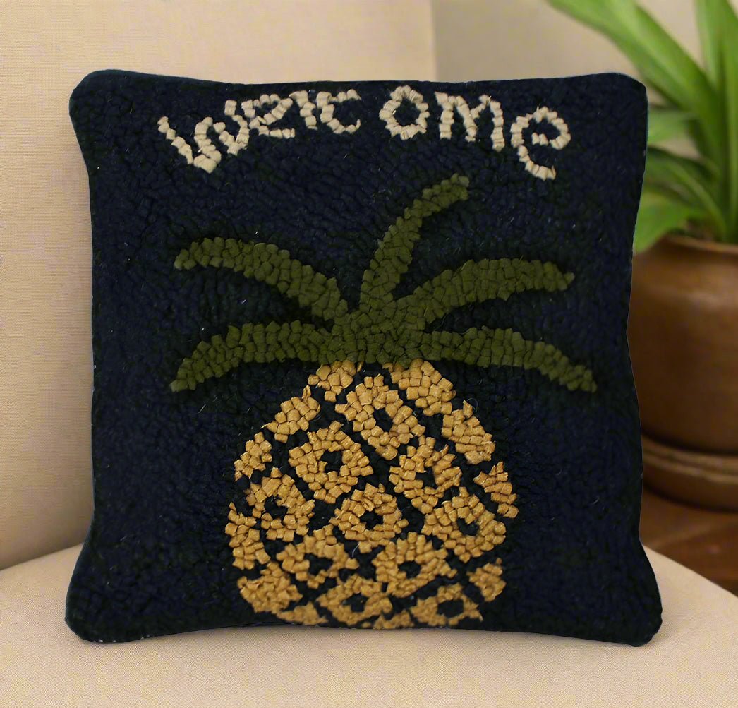 Primitive/Country Folk art Hooked Pineapple Welcome Black Pillow 14" x 14" - The Primitive Pineapple Collection