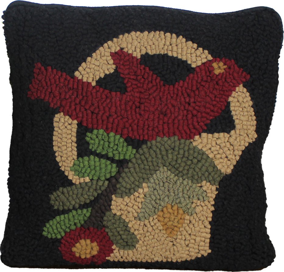 Primitive/Country Folk art Hooked 14” Prim Bird in Basket Pillow - The Primitive Pineapple Collection