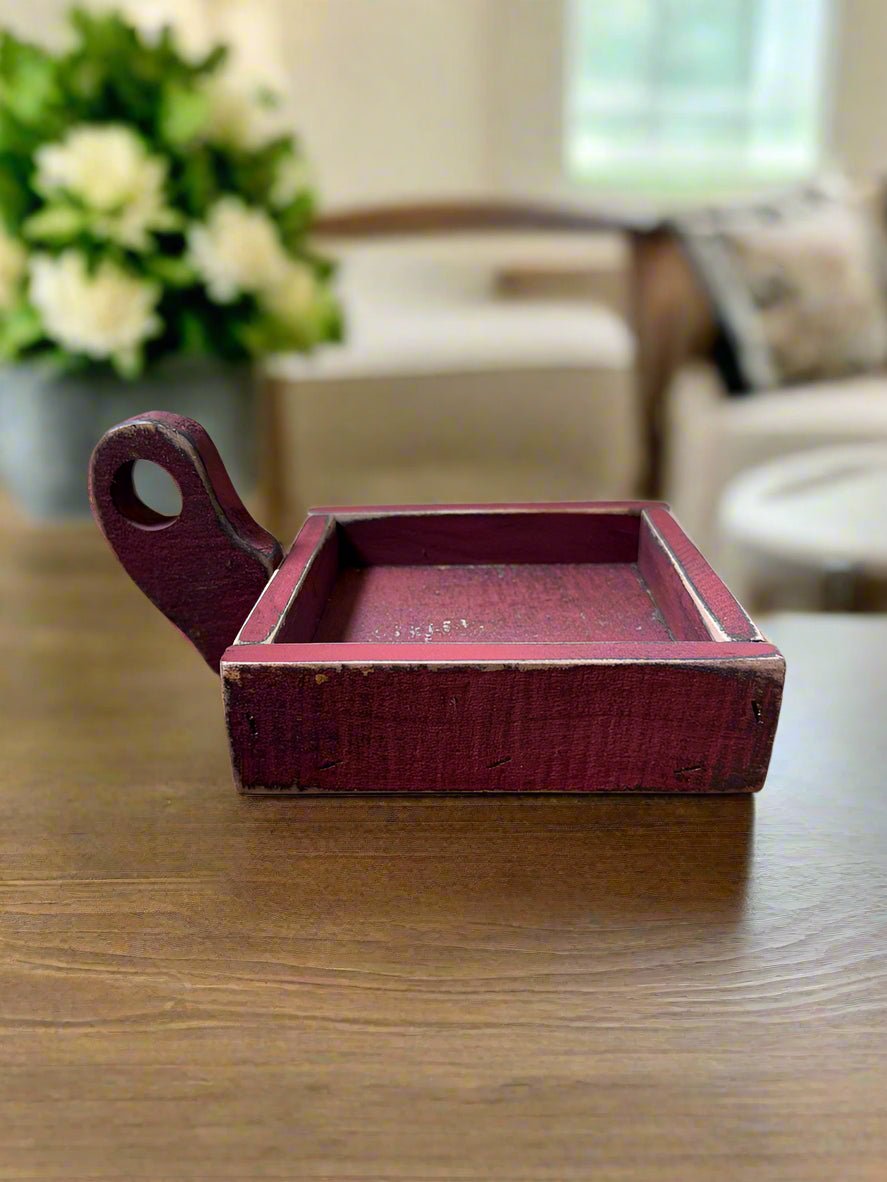 Primitive Handcrafted USA Colonial Wood Distressed Red Candle Box w/ Handle - The Primitive Pineapple Collection