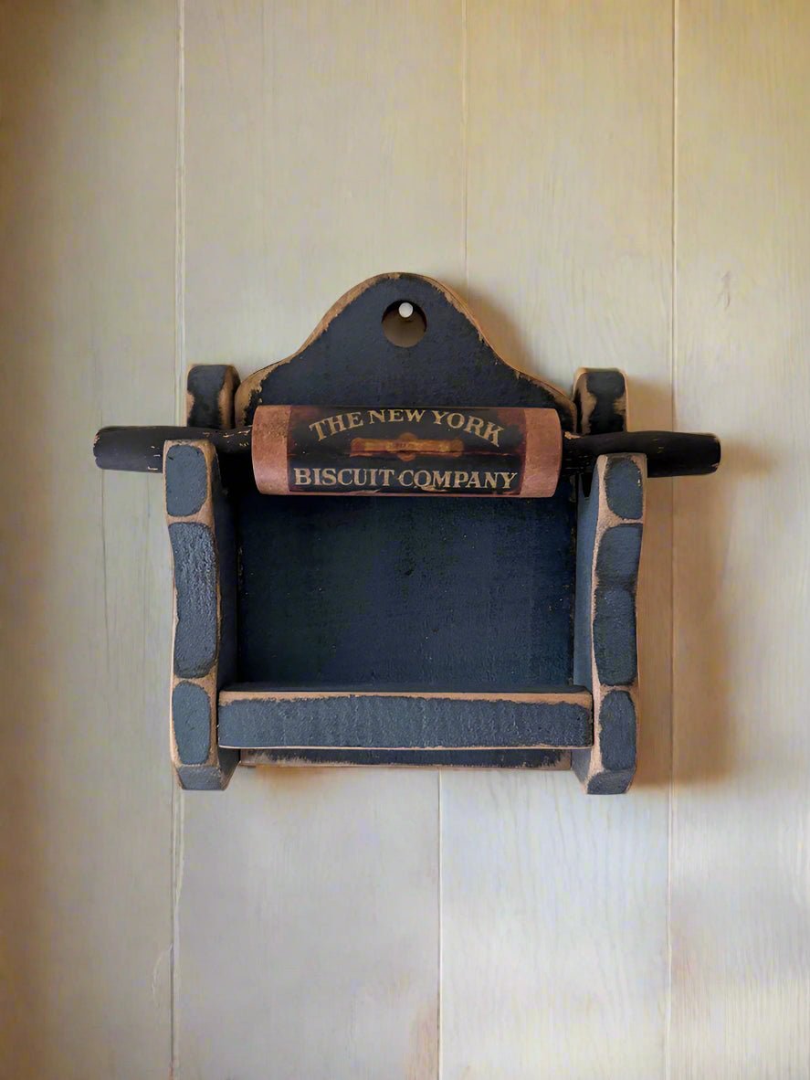 Primitive Handcrafted USA Colonial Wood Distressed Blue Mini Rolling Pin w/ Rack - The Primitive Pineapple Collection