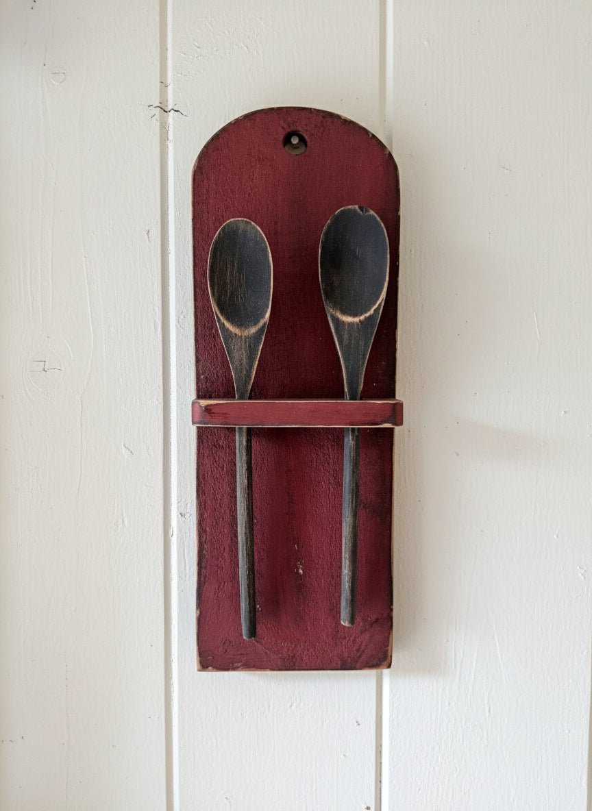 Primitive Handcrafted USA Colonial Wood Distressed Red Spoon Rack - The Primitive Pineapple Collection
