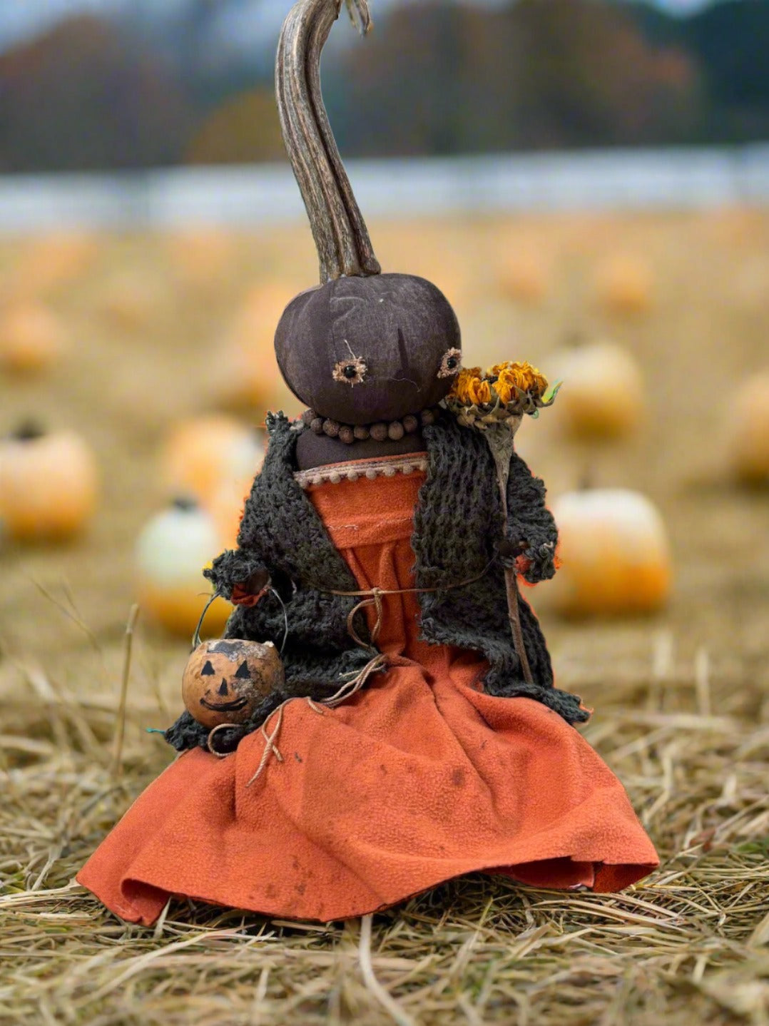 Primitive Handcrafted Pumpkin Doll Patty w/ Jack O Lantern/Sunflower 12&quot;