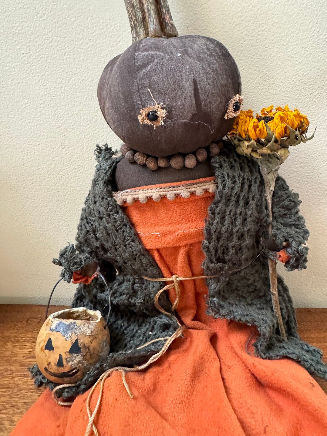 Primitive Handcrafted Pumpkin Doll Patty w/ Jack O Lantern/Sunflower 12&quot;