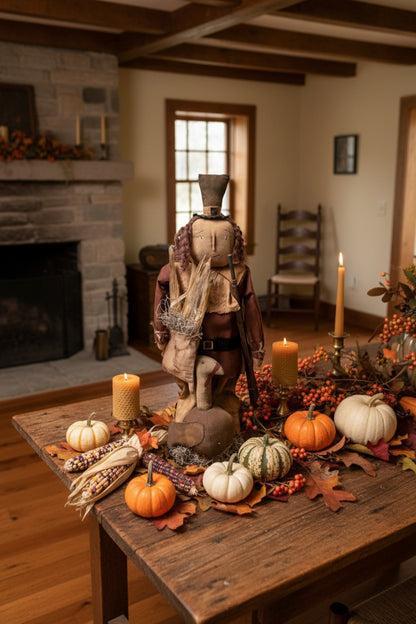 Primitive Handcrafted Thanksgiving Pilgrim Man w/ Turkey Doll on Stand 24" | Folk Art