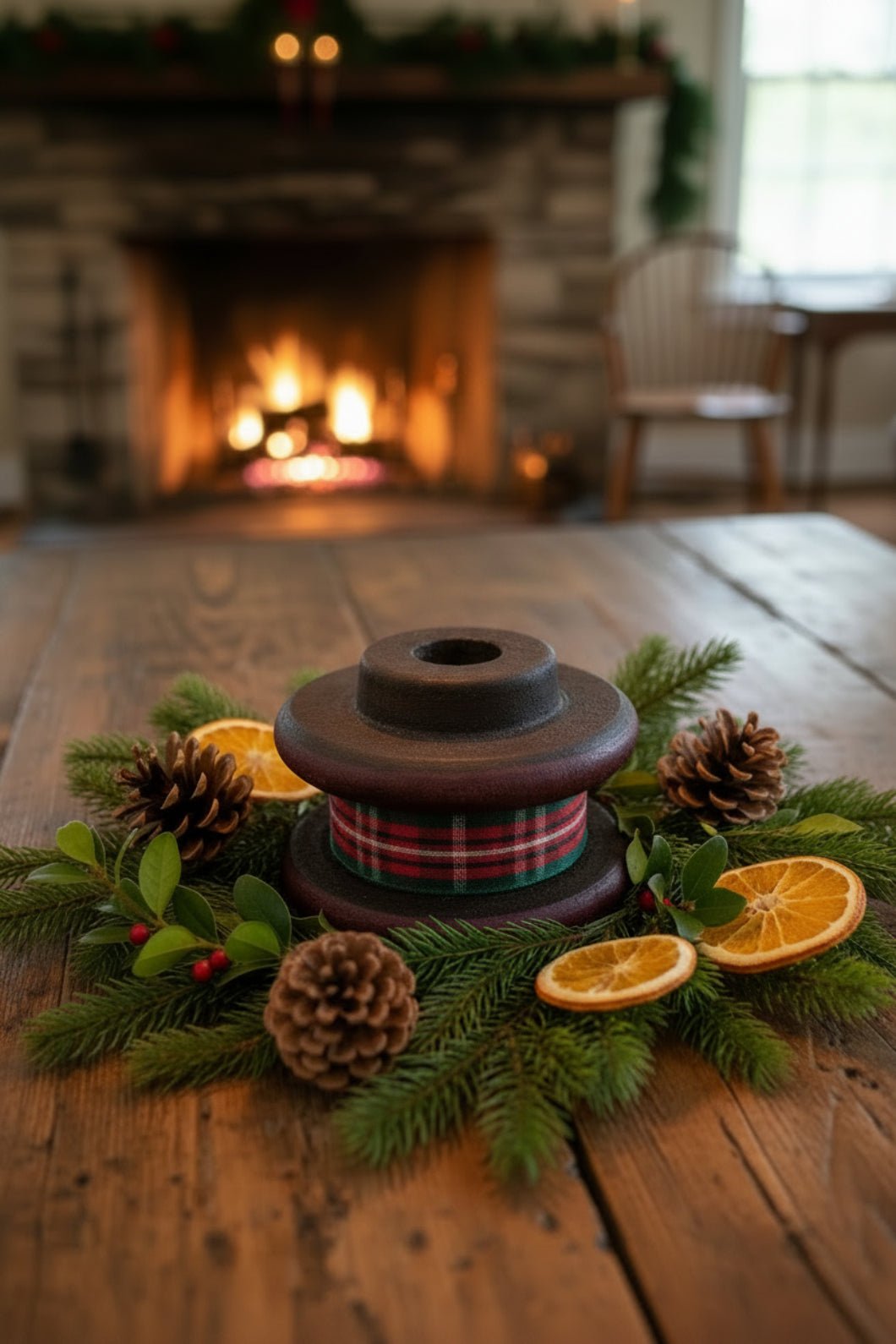Primitive Christmas Wood Spool w/ Christmas Ribbon - The Primitive Pineapple Collection