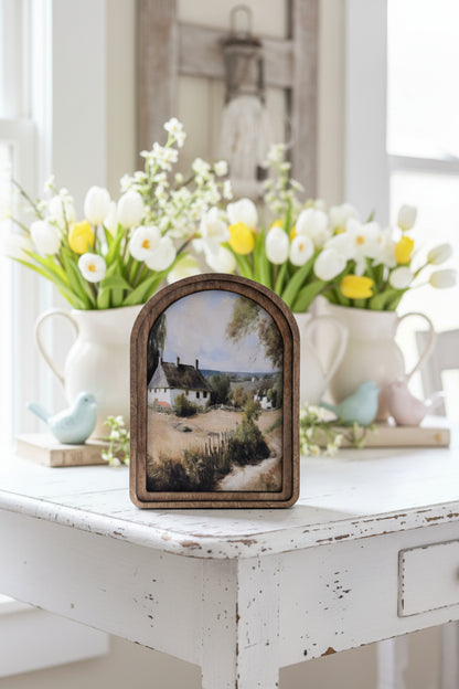 Handcrafted Retro 8" Canvas on Wood Arch Top White Cottage Framed Art