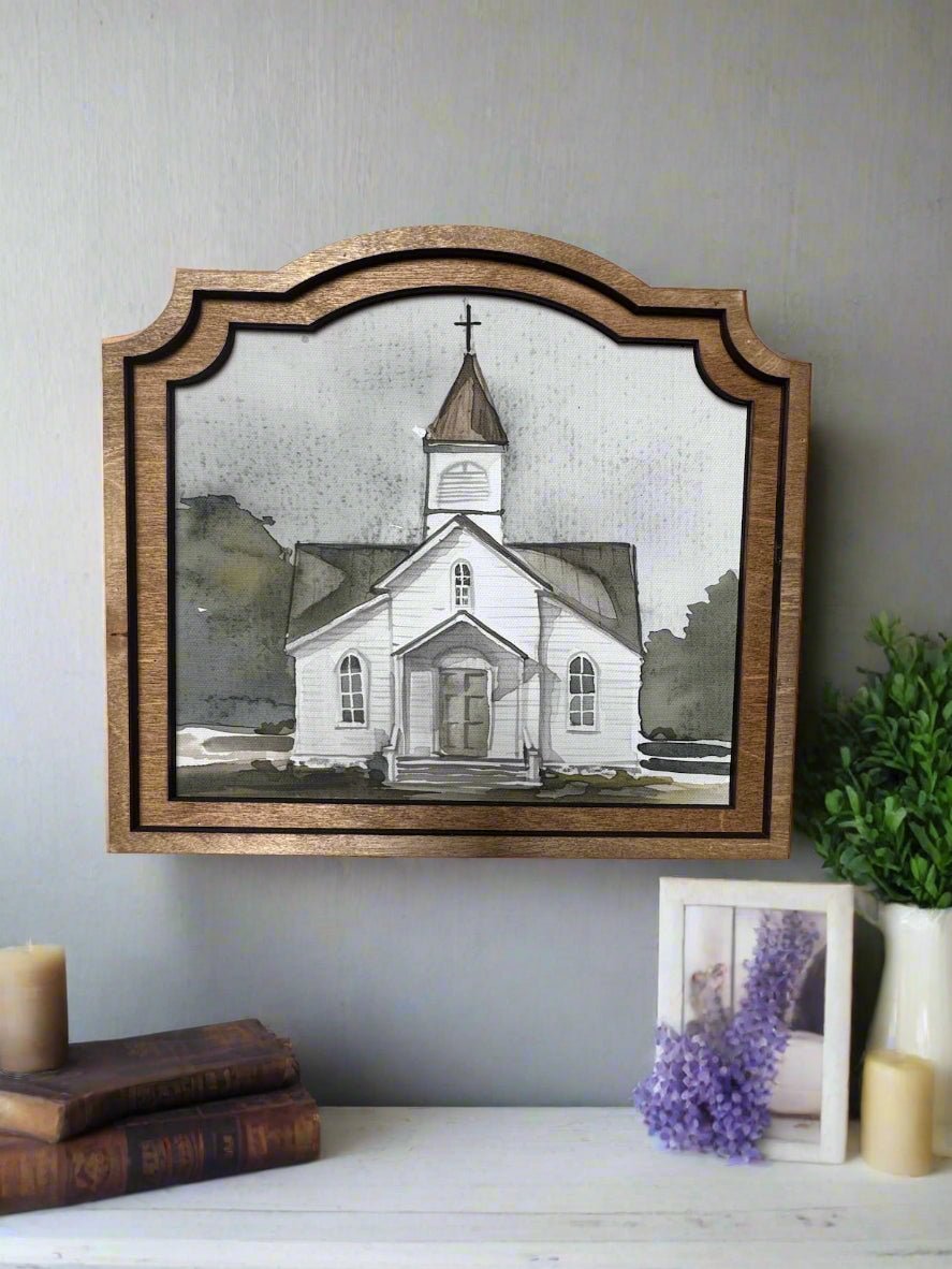 Handcrafted Retro 10&quot; Canvas on Wood Provincial Watercolor Church Framed Art - The Primitive Pineapple Collection