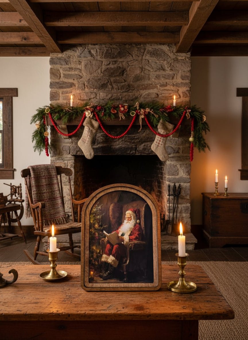 Handcrafted Retro 11&quot; Canvas on Wood Christmas Arch Top Santa Reading Framed Art - The Primitive Pineapple Collection