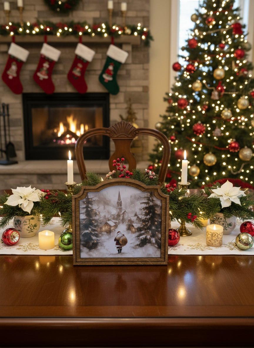 Handcrafted Retro Christmas 10&quot; Canvas on Wood Provincial Village Santa Framed Art - The Primitive Pineapple Collection