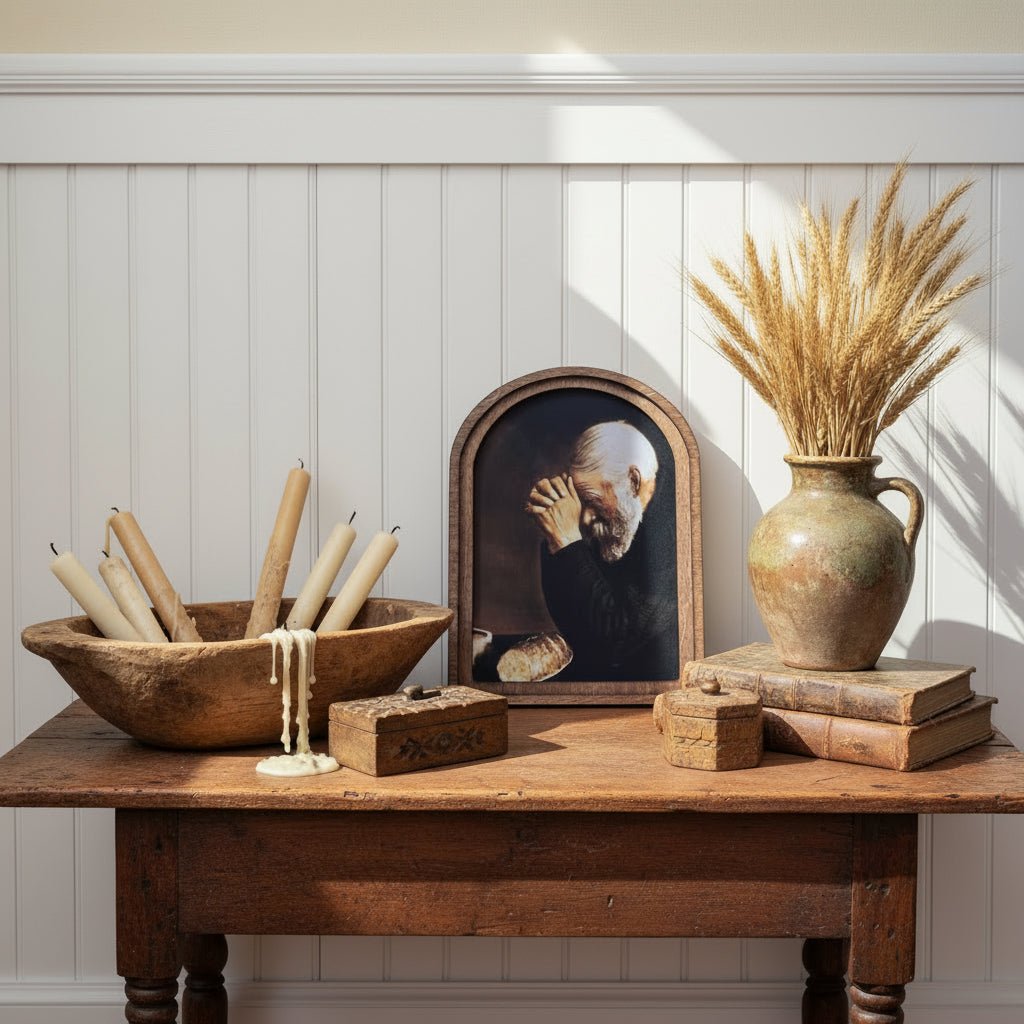 Handcrafted Retro 11" Canvas on Wood Arch Top Praying Man Framed Art