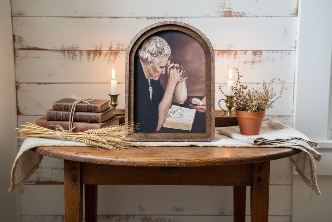 Handcrafted Retro 11" Canvas on Wood Arch Top Praying Woman Framed Art