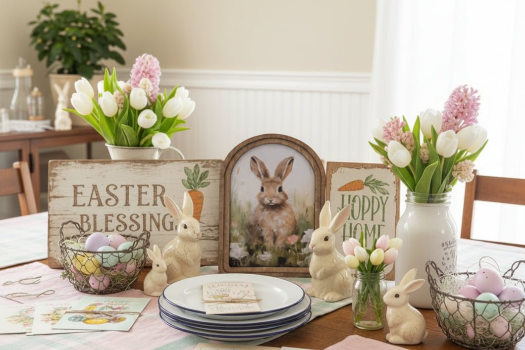 Handcrafted Retro 11" Canvas on Wood Spring Easter Tan Bunny Framed Art - The Primitive Pineapple Collection