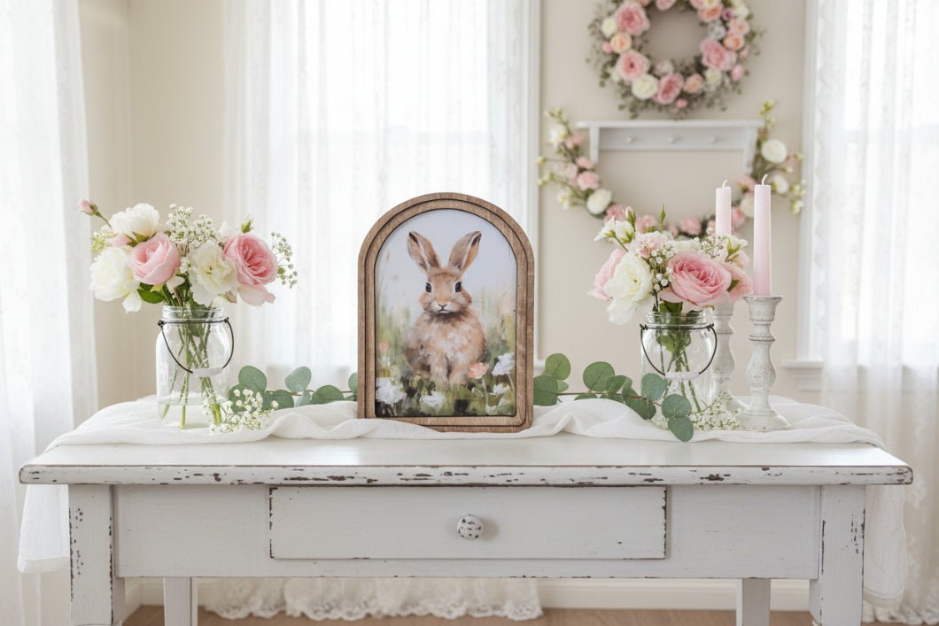 Handcrafted Retro 11" Canvas on Wood Spring Easter Tan Bunny Framed Art - The Primitive Pineapple Collection