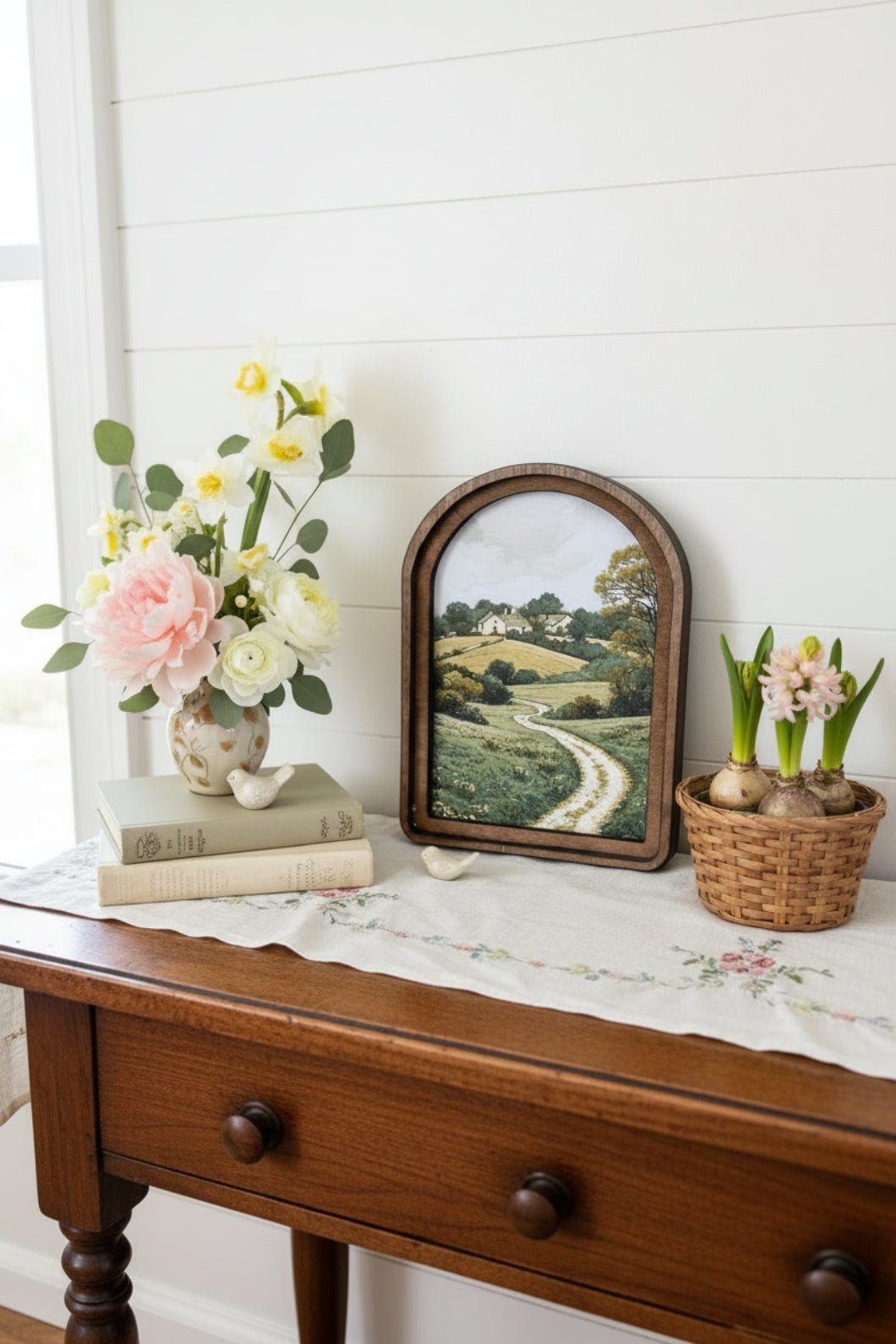 Handcrafted Retro 8" Canvas on Wood Primitive Spring Cottage Road Framed Art - The Primitive Pineapple Collection