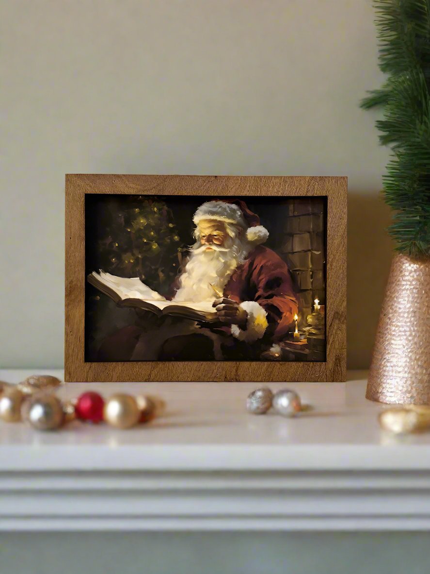 Handcrafted 7.5" Canvas on Wood Night Before Christmas Santa Framed Art - The Primitive Pineapple Collection