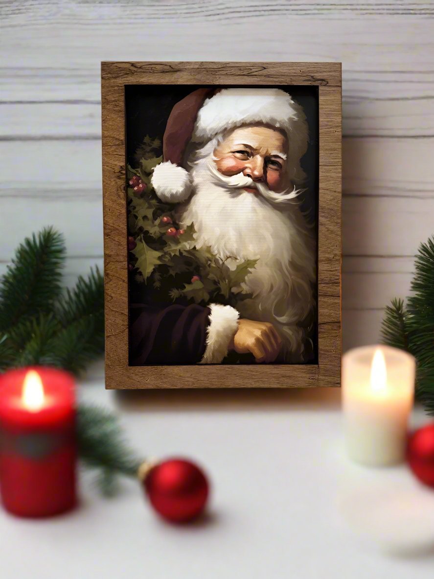 Handcrafted 7.5" Canvas on Wood Christmas Vintage Kris Kringle Framed Art - The Primitive Pineapple Collection