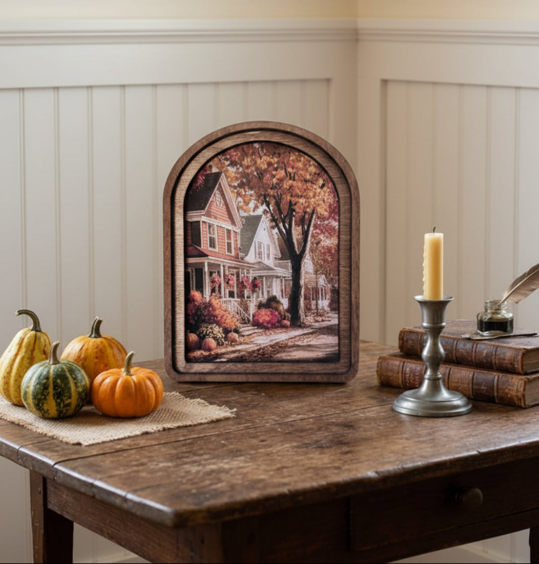 Handcrafted Retro 8" Arch Top Autumn Street Framed Art