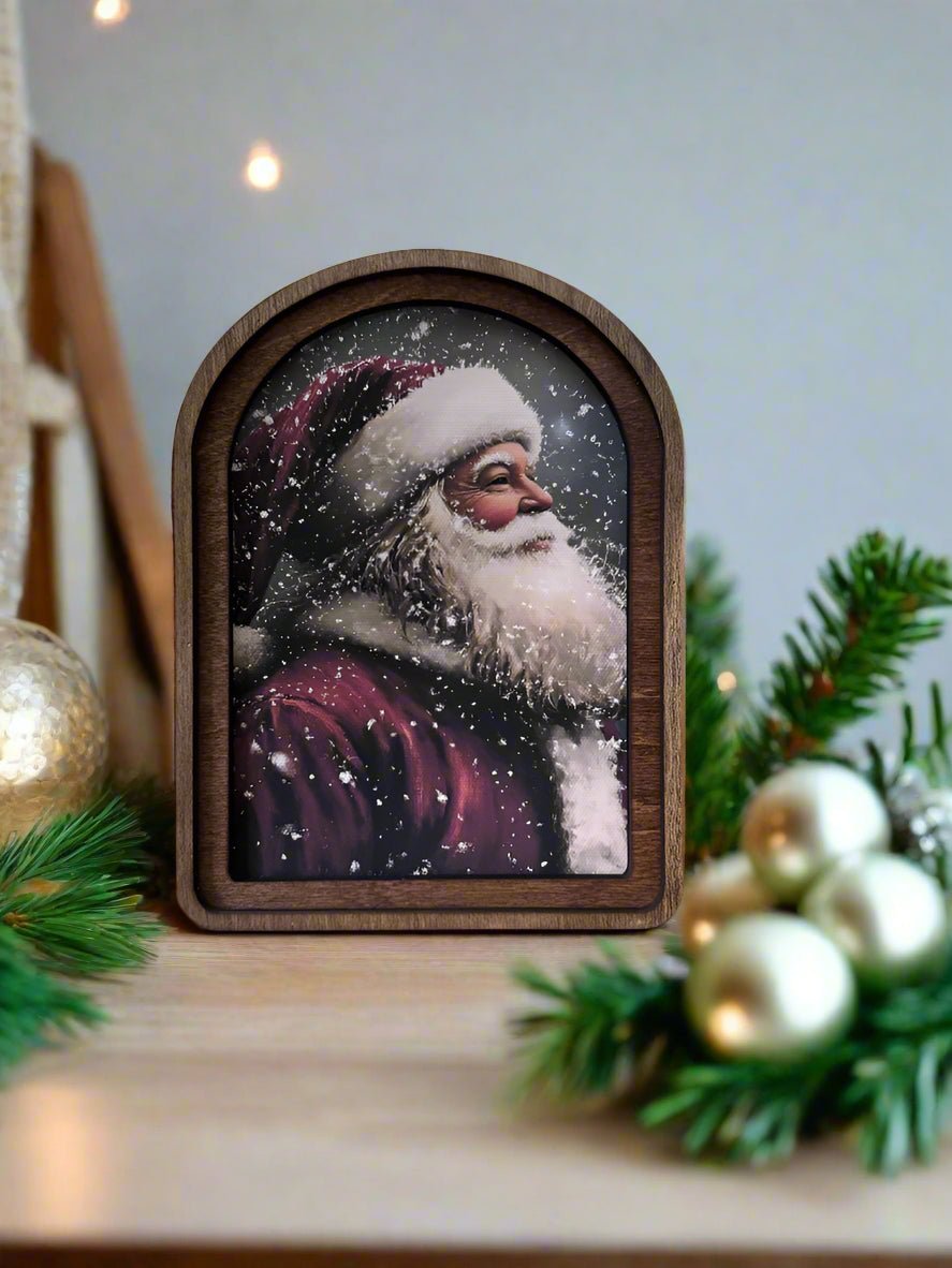 Handcrafted 8&quot; Canvas on Wood Christmas Arch Top Antique Santa Framed Art - The Primitive Pineapple Collection