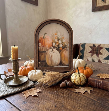 Handcrafted Retro 8" Arch Top Autumn Pumpkin Bucket Framed Art - The Primitive Pineapple Collection